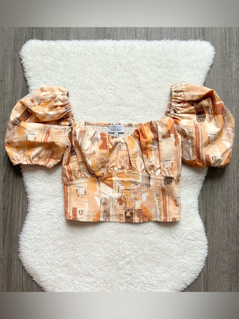 & Other Stories Abstract City Print Orange Puff Sleeve Blouse